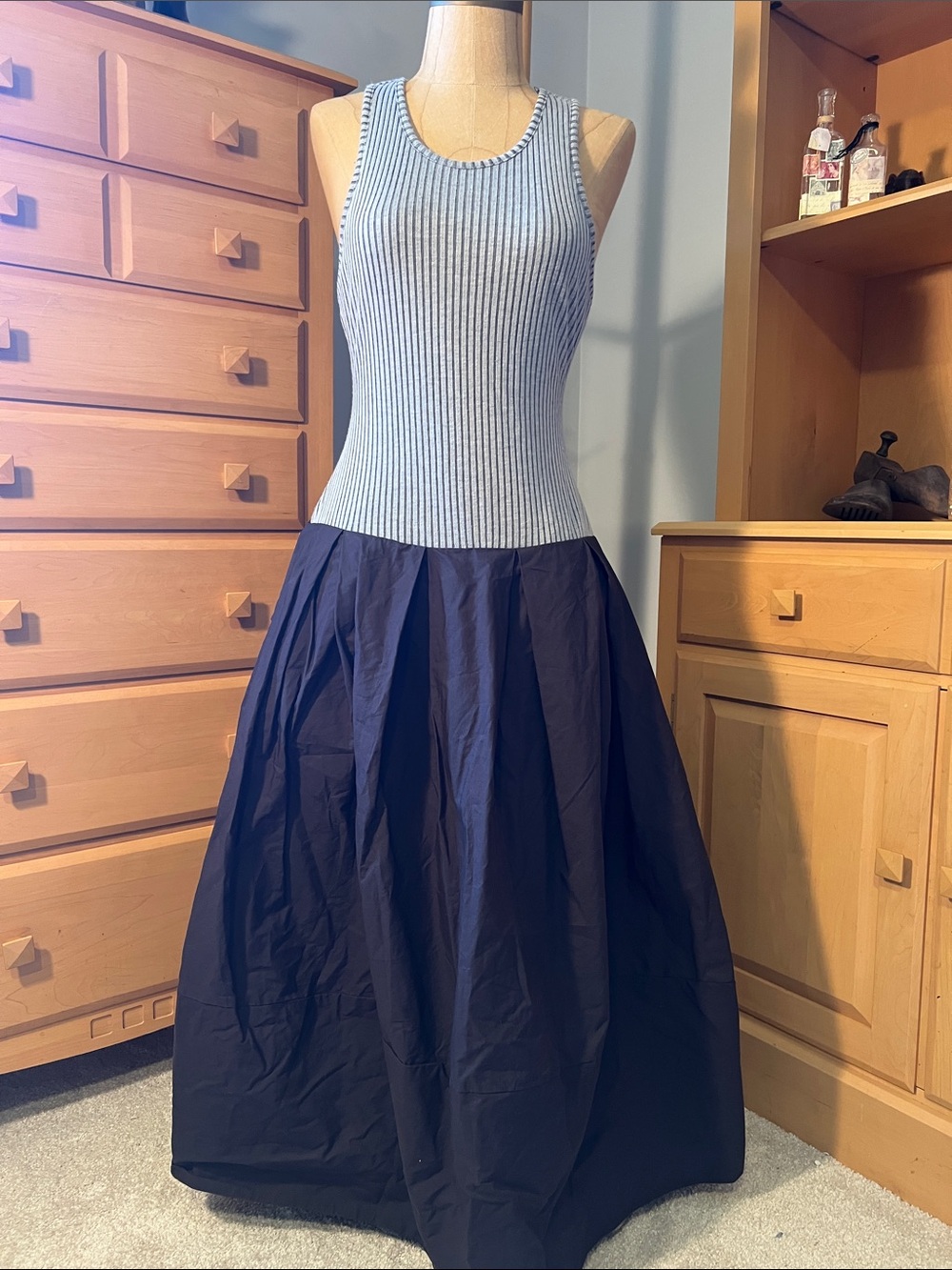 Free People Ribbed Tank Bodice Maxi Skirt Dress in Light Gray and Navy